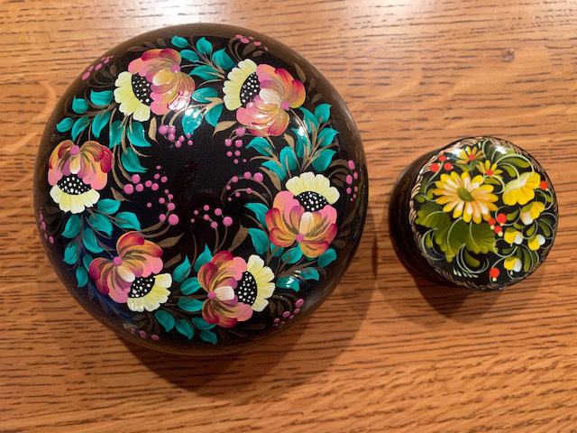 Two Ukrainian boxes of similar design to the table. Gifts to me from Ukraine.