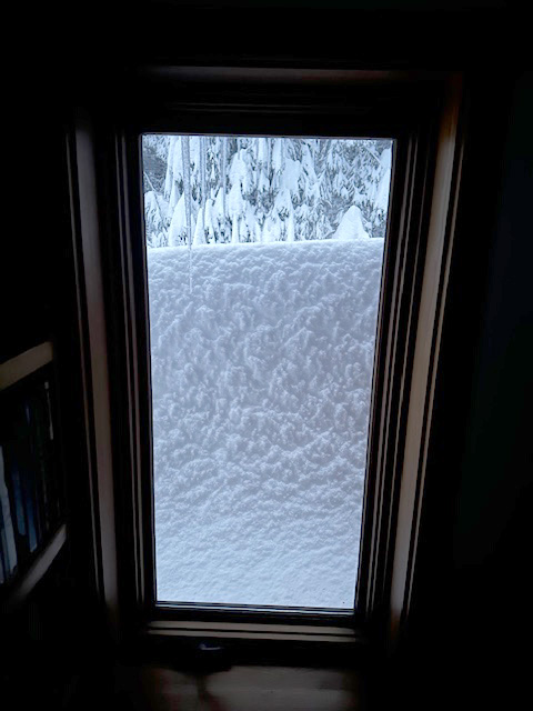 View out upstairs window. The snow is on one of the roofs. 